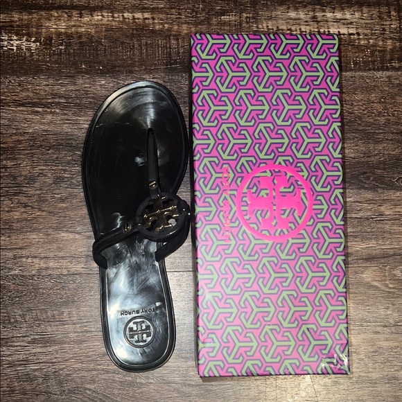 Tory Burch Black Sandals with Gold Emblem - Picture 3 of 5